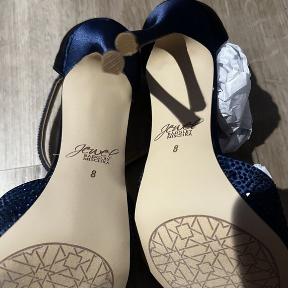 NWT Jewel Badgley Mischka Jailene Navy Satin Pointed Toe Ankle Strap Heels SZ 8 - Picture 7 of 11